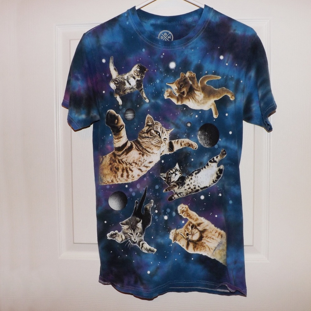 Galaxy Cat Blue Tie Dye Small T Shirt-Blue,Purple